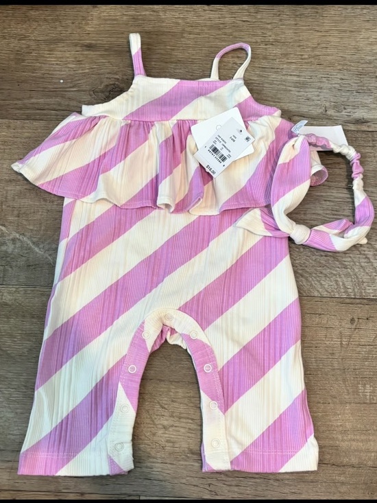 Grayson Other - Striped Pink & Cream Ruffle Romper with Matching Headband